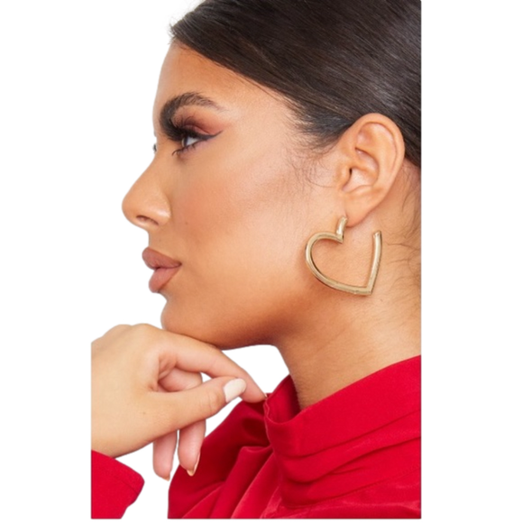 Chunky Heart Shaped Earrings Open Hoop Gold Toned Edgy Cute Fun - Picture 1 of 9